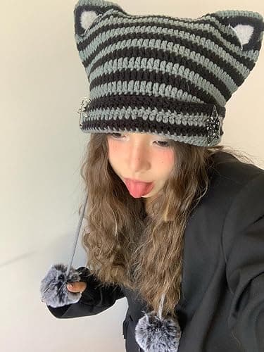 Y2k Beanie Cat Ear Gyaru Acubi Devil Crochet Hats Cute Kawaii Star Grunge Aesthetic Pompoms Cutecore Y2k Harajuku Clothes thumbnail 3