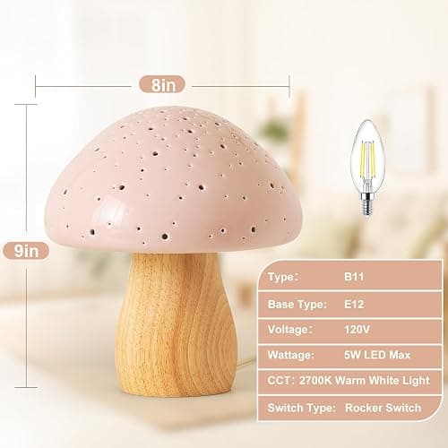 BOHON Mushroom Lamp, Ceramic Bedside Table Lamp for Bedroom Nightstand, Vintage Cute Night Light, Small Lamp for Living Room Kids Desk Home Decor Girls, LED Bulb Included, Pink thumbnail 3