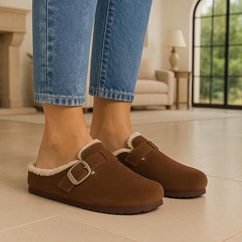 CUSHIONAIRE Haven Genuine Leather Clogs for Women – Faux Fur Lined Slip-On Womens Shoes with Cork Footbed and Adjustable Buckle thumbnail 6