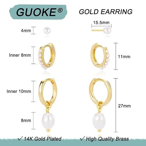 GUOKE 3 Pairs Small Hoop Earring Stacks, 14K Gold/Silver/Black/Rose Gold Plated Pearl Heart Butterfly Bow Star Moon Leaf CZ Hoop Charm Huggie Earrings Trendy Jewelry Gift for Women thumbnail 5