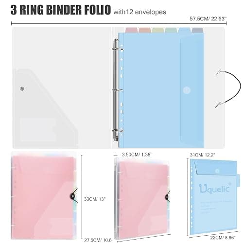 Uquelic A4 Binder, Folio Document Organizer, 3 Ring Folder Letter Size | Cute 12-Pocket Life Binder for Paper, Files, Photos, Letters, Cards (Clear-Macaron) thumbnail 4