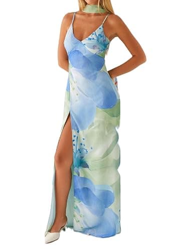 Women Summer Floral Maxi Dress Sexy Backless Bodycon Long Dresses with Scarf Formal Cocktail Tube Sundress - Image 1