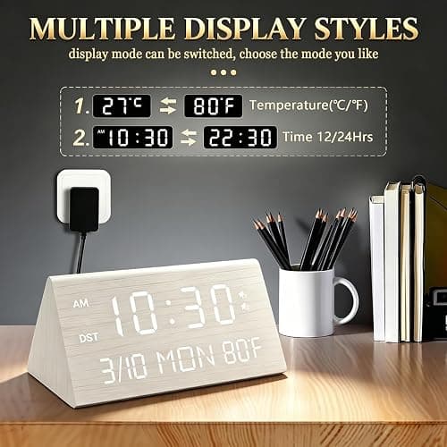 Kogonee Wooden Digital Alarm Clock, 0-100% Dimmer, 2 Alarm Settings, Weekday/Everyday Mode, 9 Mins Snooze, 12/24H, Temperature and Date Display for Office, Travel, Bedroom Alarm Clock (White) thumbnail 7
