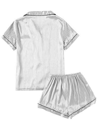 LYANER Women's Striped Silky Satin Pajamas Short Sleeve Top with Shorts Sleepwear PJ Set thumbnail 2
