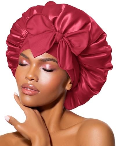 BONNET QUEEN Satin Bonnet Silk Bonnet for Sleeping Women Hair Bonnet Night Sleep Cap Scarf Wrap for Curly Hair with Tie Band Red Burgundy - Image 1