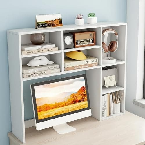 Tangkula Desktop Bookshelf, 37" Countertop Storage Hutch with 7 Cubes & 3 Adjustable Shelves, 3-Tier Desk Display Rack Organizer, Multipurpose Wood Desktop Hutch for Dorm Home Office (White) thumbnail 5