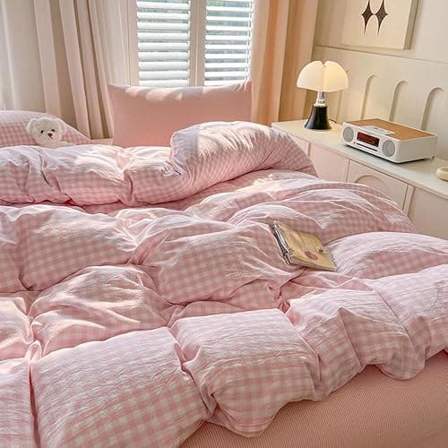 Nayoroom Gingham Duvet Cover Queen Size Pink White Plaid Checkered Comforter Cover Grid Farmhouse Bedding Set 3 Pcs Soft Breathable Washed Microfiber Gifts for Women Men thumbnail 3