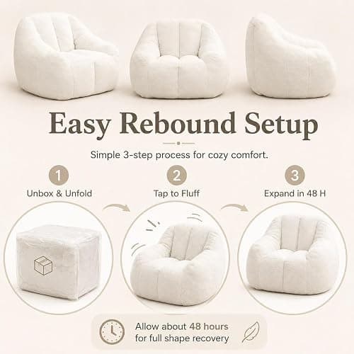 Elyveont White Bean Bag Chair for Kids & Teens & Adults, Medium Bean Bag Chairs with Soft Stuffed Filling, Comfy Beanbag Sofa Fluffy Floor Lounge Chair in a Box for Reading & Relaxing thumbnail 7