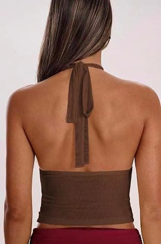 Women's Y2K Mesh Halter Top Sexy V Neck Backless Open Back Leopard Cheetah Print Polka Dot Going Out Tops for Women thumbnail 3