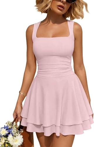 Trendy Queen Women's Square Neck Summer Party Flowy Ruffle Hem Ruched Waist Mini Dress thumbnail 2