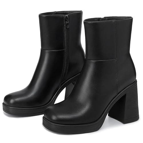 Athlefit Women's Platform Ankle Boots High Chunky Block Heel Square Toe Boots Fashion Dress Heeled Booties thumbnail 4