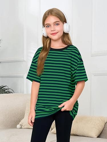 Haloumoning Girls Striped Short Sleeve T Shirts Kids Summer Oversized Tops Casual Crewneck Tees 5-14 Years thumbnail 3