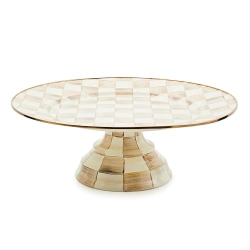 MACKENZIE-CHILDS Enamel Pedestal Platter, Round Cake Stand, Mini, Brown-and-White Mocha Check - Image 1