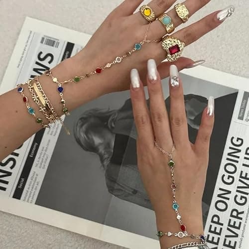 3PCS 14K Gold-Plated Hand Chain Bracelets for Women, Stack Bracelets Set Adjustable, Trendy Dainty Ring Bracelet Hand Chain thumbnail 3