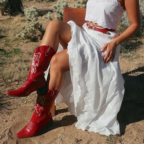 Yolkomo Cowboy Boots for Women Red Western Cowgirl Boots, Pointed Toe, Mid Calf, Knee High thumbnail 7