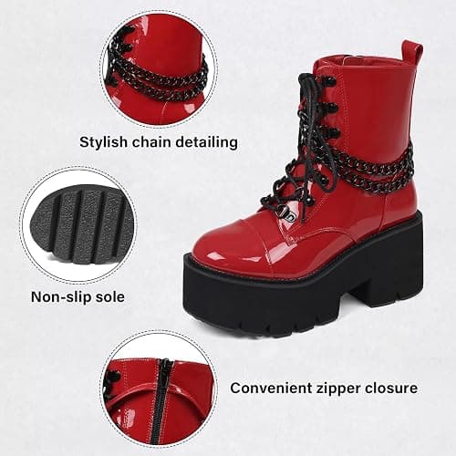 CYNLLIO Platform Ankle Boots for Women Combat Chunky Wedge Heel Boots Rave Goth Lace Up & Zipper Booties Punk Chain Shoes for Festival Concert Cosplay Party thumbnail 6