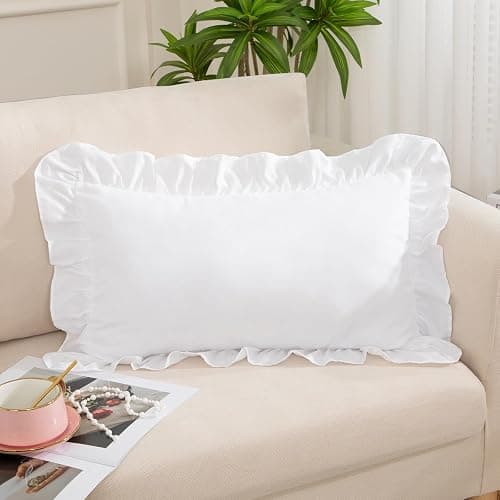 Yvrcen White Ruffle Lumbar Pillow Cover, 12x20 Inch | Ruffled Cushion Case, Decorative Farmhouse, For Couch Sofa Bed Living Room, Pack of 1 - Image 1