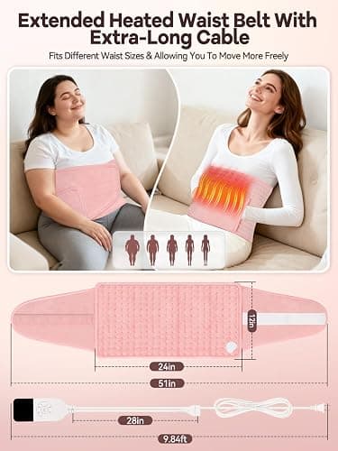 51" Heating Pad for Period Cramps Built with Hand Warmer Pocket, Controller Pocket & 9.84ft/3M Extra-Long Cord, Adj. Temp Timer Auto Shut Off Wrap Around Heated Pad for Women Back Abdomen Pain Relief thumbnail 2