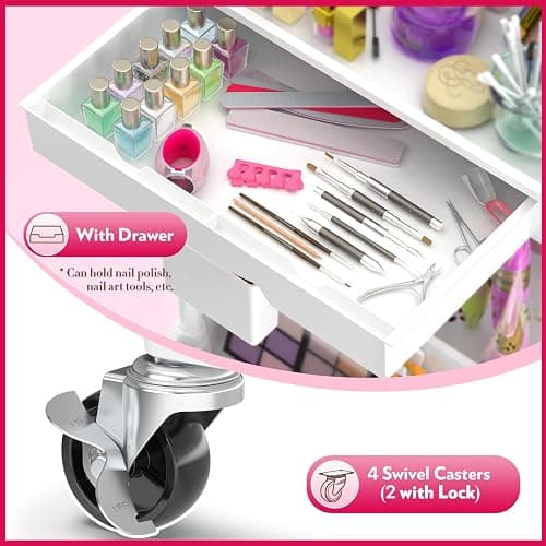 SUNALLY Makeup Cart Organizer with Drawers, Floor Skincare Organizers Vanity Storage Organizer, Rolling Makeup Bathroom Storage Cart Cosmetics Display Cases for Skin Care Perfume Nail Polish, White thumbnail 4