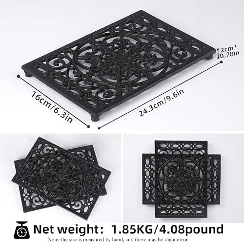 Notakia 9.6 x 6.3 Inch Cast Iron Trivet Set, Large Metal Trivets for Hot Dishes Pots Pans Decorative Kitchen Trivets, Heat-Resistant Trivet Mats for Quartz Countertops, Table Cooktop (Black, 2 Pack) thumbnail 3