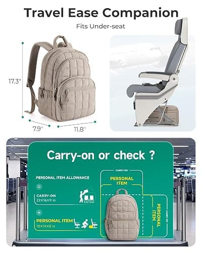 BAGSMART College Laptop Backpack, Travel Backpack for Women, Quilted Casual Daypack, Water-Resistant Bookbag for 15.6 Inch Laptop, Camel thumbnail 3