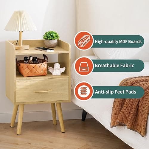 Yoobure Modern Nightstand with Fabric Drawer, Bedside Tables, Mid Century Nightstand with Open Storage Shelf, Wood Bedside Table, Small Night Stands for Bedrooms, 2-Tier Night Table thumbnail 4