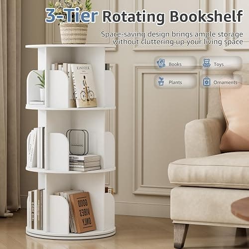 DUMOS 3 Tier Rotating Bookshelf Tower, Spinning Bookshelf for Small Space | 360° Display Revolving Bookcase Lazy Susan, Freestanding Vertical Corner Book shelf for Bedroom, Living Room, Entryway, White thumbnail 3