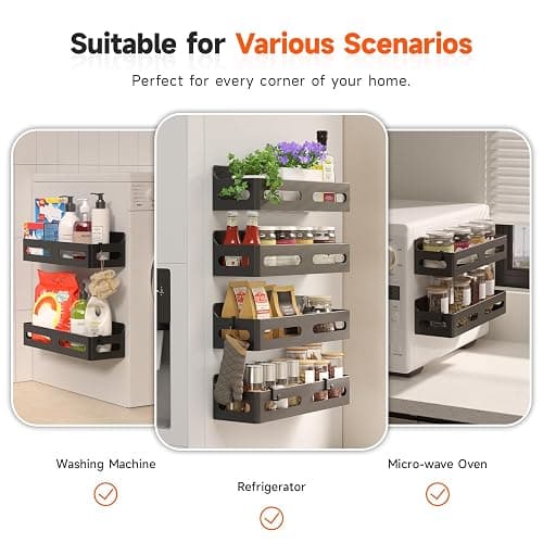 Sevenblue 4 Pack Magnetic Spice Rack for Refrigerator, Spice Rack Organizer, Moveable Magnetic Shelf Fridge Organizer with 4 Hooks for Kitchen and Oven Organization, Black thumbnail 6