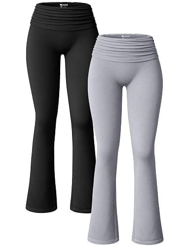 OQQ Women's 2 Piece Flared Pants Ribbed Fold Over Kick Ruched Stretch High Waist Casual Wide Leg - Image 1