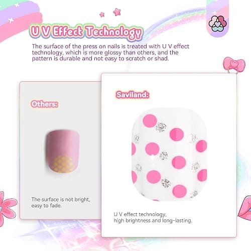 SAVILAND 168Pcs 7 Pack Press on Nails for Kids Children Fake Nails Stick on Nails Pre-glue Full Cover Glitter Gradient Color Star Short Acrylic Nail Tips Nail Art Christmas Easter Gifts for 8-12 Year thumbnail 6