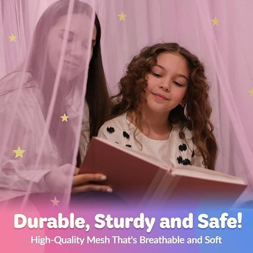 Pink Bed Canopy for Girls with Glowing Stars - Premium Canopy Bed Curtains | Fits Single, Twin, Full, Queen Size Kids Bed, Princess Netting Room Decor, Ceiling Tent to Cover Toddler, Canopy for Bed thumbnail 4