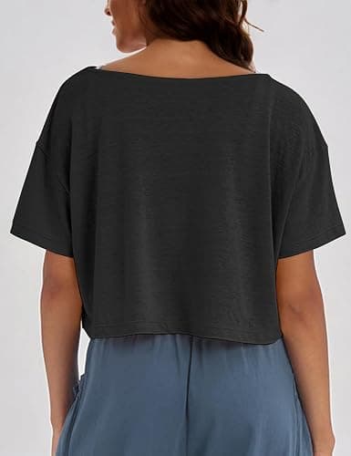 MISSACTIVER Oversized Off The Shoulder Top Short Sleeve, Boat Neck Crop Tee Workout Shirt thumbnail 2