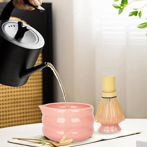 Set of 5 Matcha Tea Set with Whisk and Bowl, Matcha Kit for Ceremony Ceramic Matcha Bowl Gift for Tea Lovers(Pink) thumbnail 6