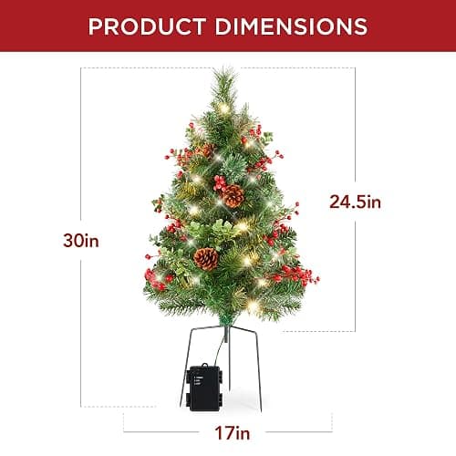 Best Choice Products Set of 2 24.5in Outdoor Pathway Christmas Trees, Battery Operated Pre-Lit Holiday Décor w/LED Lights, Red Berries, Pine Cones - Green W/Berries - 24.5in thumbnail 2