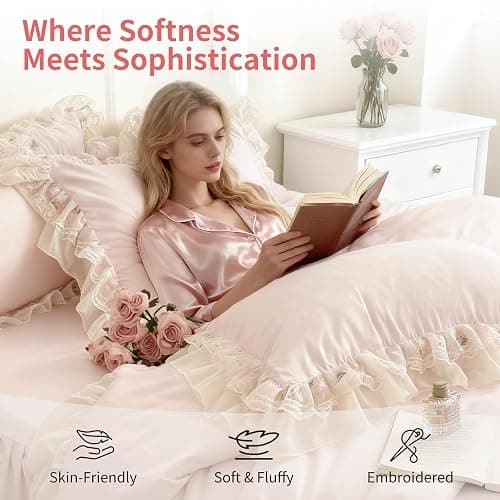 French Chic Bedding Set 4-Piece - Romantic Lace Trim Washed Cotton, Duvet Cover with Bed Skirt & Pillowcases for Queen Bed, Princess Style (Comforter Not Included) (Pink,Queen (U.S. Standard)) thumbnail 2