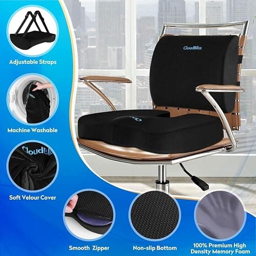 CloudBliss Lumbar Support Pillow & Seat Cushion Set for Office Chair, Desk Chair, Wheelchair & Car – Memory Foam Back Support, Ergonomic Chair Cushions, Sciatica Pain Relief,f, Home Essentials, Black thumbnail 3