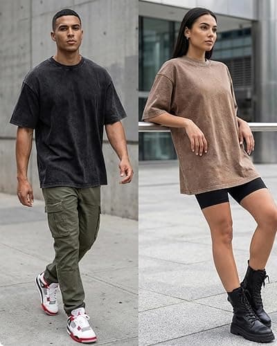 Men's Oversized T-Shirts Heavyweight Cotton, Unisex Vintage Acid Wash Drop Shoulder Baggy Fit Tee Tops thumbnail 2