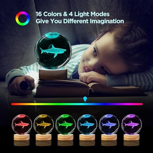 3D Shark Crystal Ball Night Light with Remote Lifelike 3.15 In Shark Sea Animal Glass Ball Lamps with 16 Color LED Wooden Base for Birthday Holiday, Cool Shark Toy Room Decor Gifts for Boys Girls Kids thumbnail 3