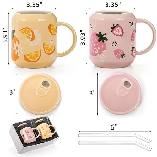 Noamus 2 Pack Cute Ceramic Mugs with Lid and Straw, 13 Oz Fruits Pattern Coffee Cup with Handle, Handmade Strawberry Orange Tea Cup for Office Home, Hot Ice Water Chocolate Milk, Women Gift thumbnail 3