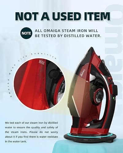 OMAIGA Cordless Iron for Clothes - 1500W Steam Iron with Non-Stick Ceramic Soleplate, Rapid Heating, Auto Shut Off, Burst of Steam, Self-Clean, Anti-Drip, Anti-Calc, 3 Temperature Settings, Red thumbnail 9