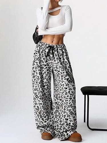 Women Leopard Print Fuzzy Pajama Pants Casual Cozy Drawstring Wide Leg Pants thumbnail 2