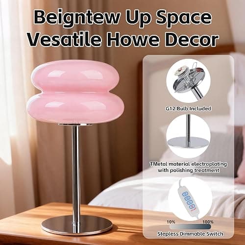 WELAISA Table Lamp for Bedroom,Mid Century Modern Lamp for Nightstand, Dimmable Retro Egg Tart Bedside Small Lamps,Unique Home Mushroom Decor Aesthetic Cute Table Lamps nightstand lamp (Pink) thumbnail 5