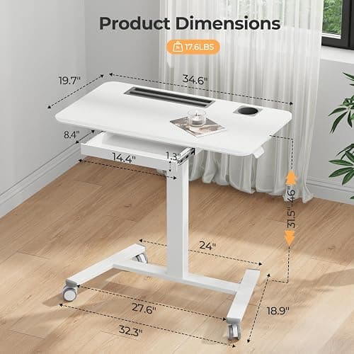 JYLH JOYSEEKER Mobile Standing Desk with Drawer, 35" Small Standing Desk with Cup Holder, Rolling Laptop Desk on Wheels, Height Adjustable Desk with Storage for Home Office, White thumbnail 2