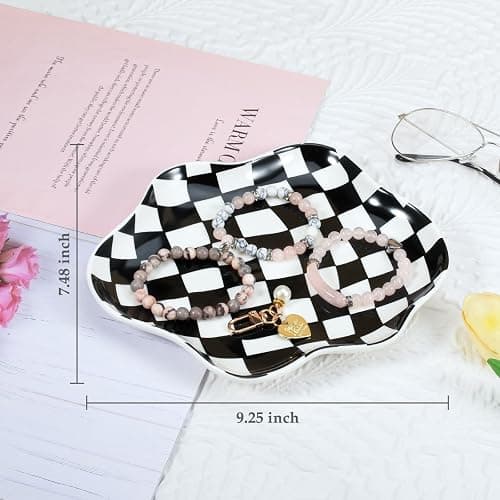 Koythin Jewelry Tray, Ceramic Jewelry Dish Trinket Tray Organizer, Checkered Pattern Aesthetic Decorative for Kitchen, Bathroom (Black and White Checkerboard) thumbnail 3