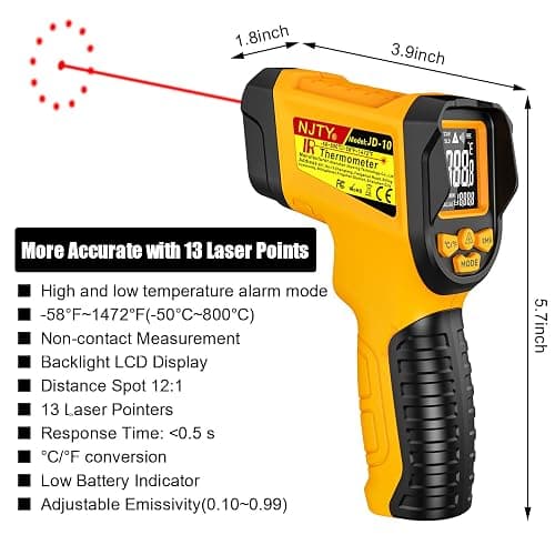 NJTY Infrared Thermometer Gun, -58℉ to 1472℉, High Precision, Non-Contact Laser Temperature Sensor with Backlit LCD, for Cooking, BBQ, Automotive, Industrial Use thumbnail 7