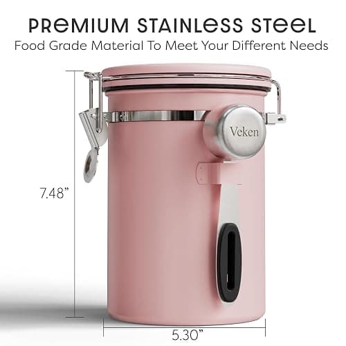 Veken Coffee Canister with Window, Airtight Stainless Steel Kitchen Food Storage Container with Lids, Date Tracker and Scoop for Grounds Coffee, Beans, Tea, Flour, Cereal, Sugar Jars, 22OZ, Pink thumbnail 2