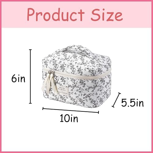 uekeboag Large Travel Quilted Makeup Bag for Women, Floral Cotton Cosmetic Bag, Coquette Aesthetic Floral Toiletry Organizer Bag thumbnail 2