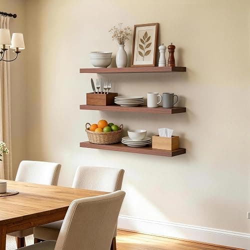 BAYKA Walnut-Like Floating Shelves 22.5in, 3Pack, Wall Mounted Wall Decor | Easy Install, 22lbs Max Load, Hidden Bracket, Shelf for Bathroom Bedroom Kitchen Books Display Storage, Multi-Wall Compatible thumbnail 4