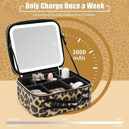 Jadazror Makeup Bag with Light Up Mirror, Lighted Travel Makeup Organizer 3 Colors Adjustable Brightness, Makeup Bag with Mirror and Light, Travel Train Case Portable Cosmetic Bag for Women(Leopard) thumbnail 3