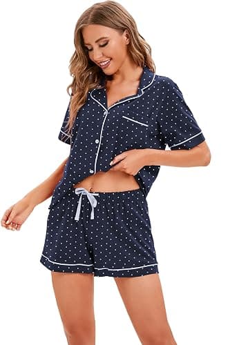 LUBOT 100% Cotton Pajamas for Women 2 Piece PJ Set Button-Down Soft Knit Short Sleeve Summer Sleepwear Loungewear XS-XXL thumbnail 7